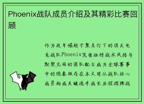 Phoenix战队成员介绍及其精彩比赛回顾